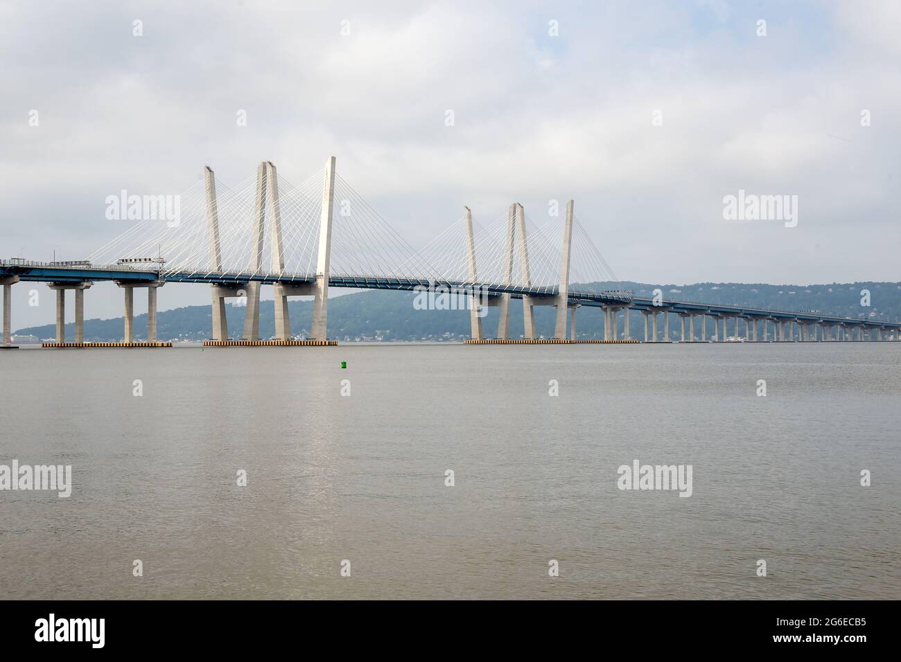 Tarrytown, NY - USA - July 5, 2021: Wide view of the iconic Governor Mario M. Cuomo Bridge, is a twin cable-stayed bridge spanning the Hudson River be Stock Photo