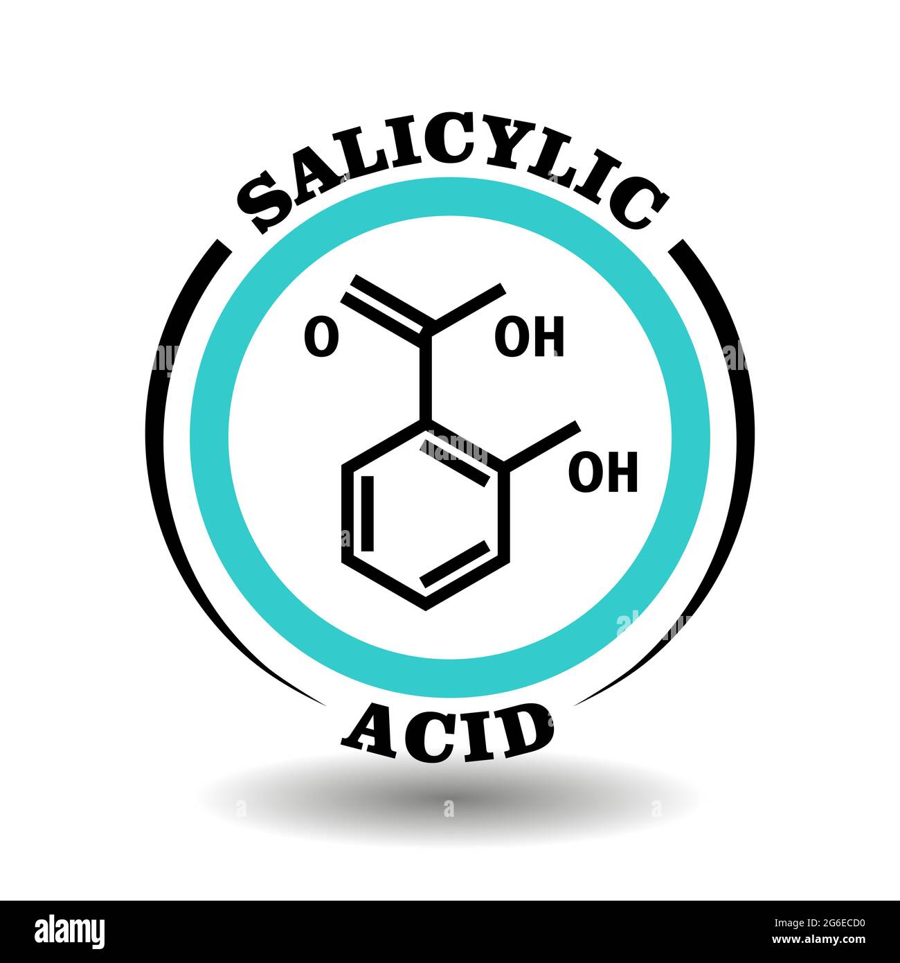 Circle vector icon with chemical formula of Salicylic Acid symbol for packaging signs of anti-acne cosmetics, tags of anti-flu medical aspirin product Stock Vector