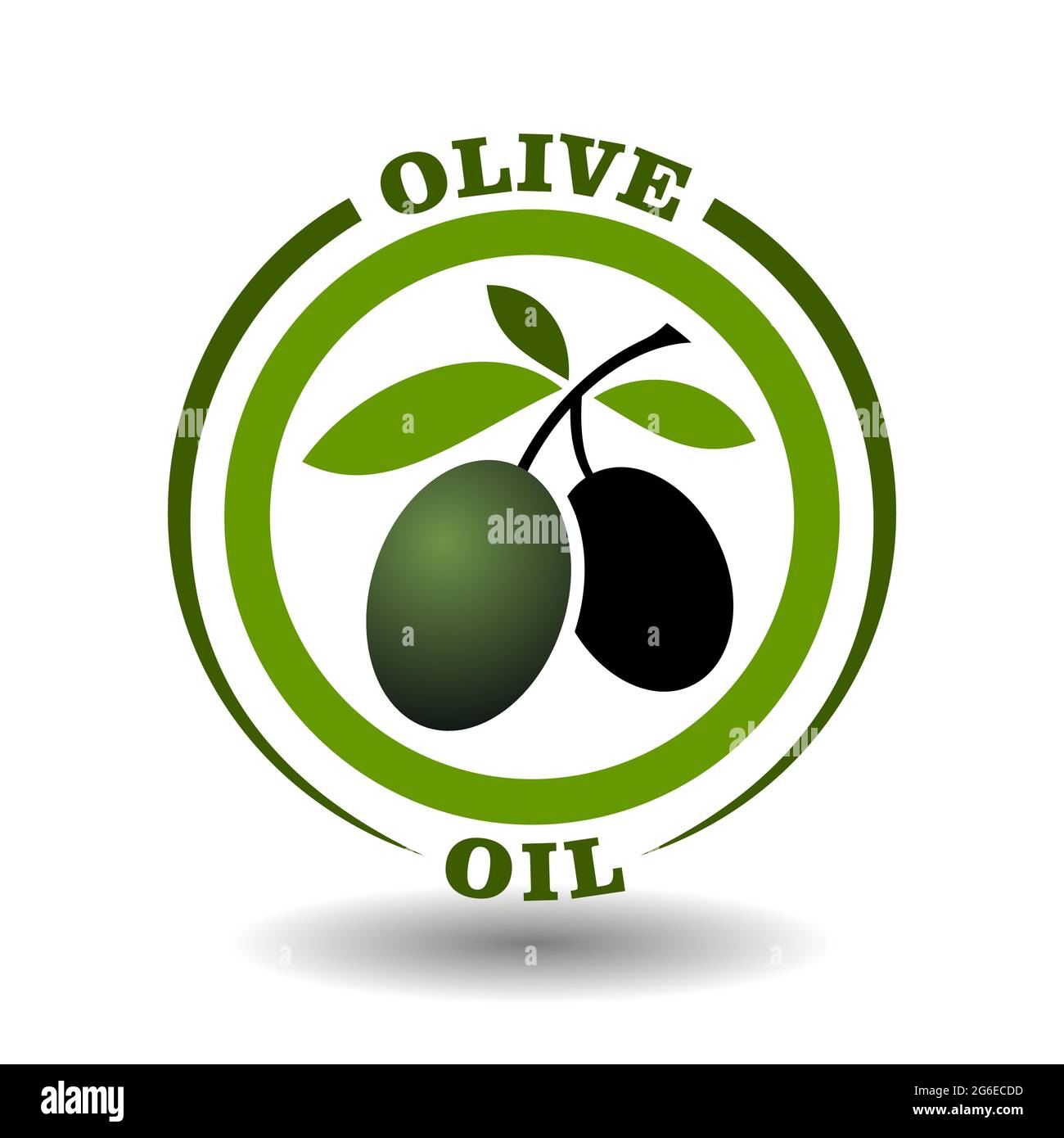 Vector circle logo Olive oil with green leaves branch and black fruit symbol in round pictogram for organic cosmetics sign, natural food labeling tags Stock Vector