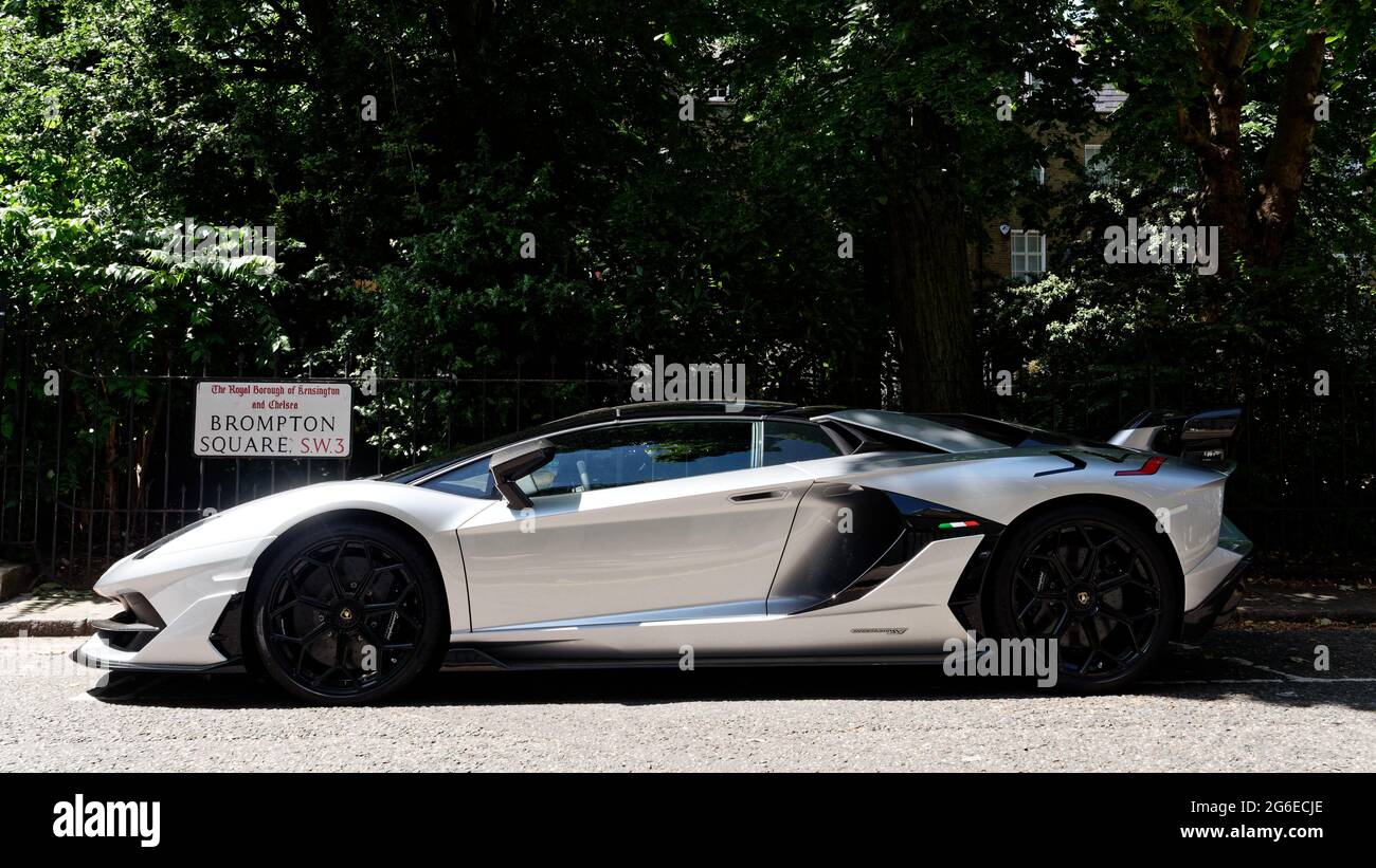 London, Greater London, England - June 12 2021: Lamborghini Aventador side shot, Brompton Square, Knightsbridge. Stock Photo