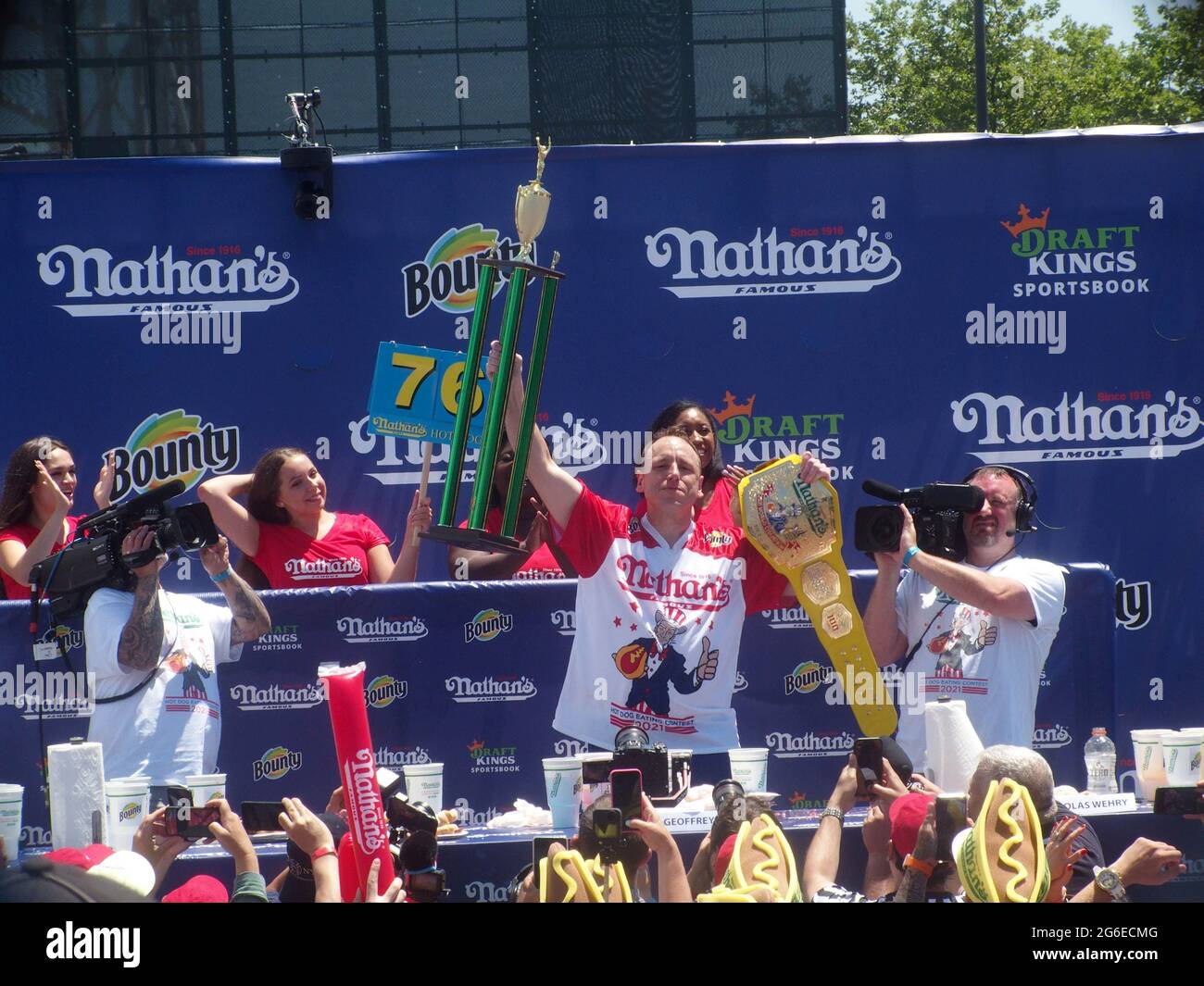 New York, New York, USA. 4th July, 2021. NATHAN'S FAMOUS FOURTH OF JULY CONTEST. AT ISLAND'S MAIMONIDES PARK.World champion Joey Chestnut will defend his title against the world's top