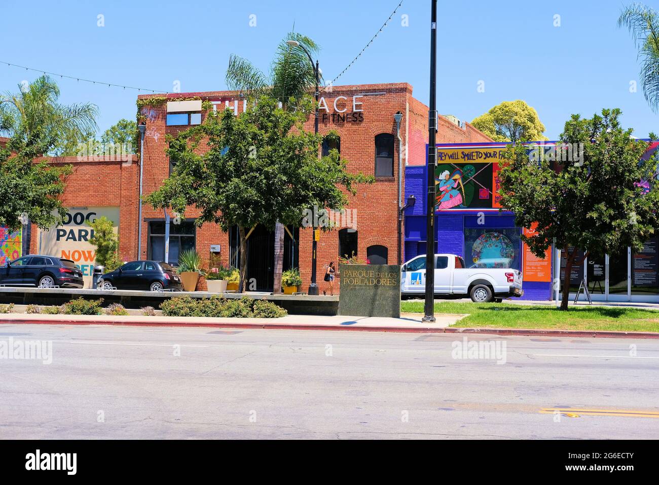 Parque de los Pobladores park in downtown San Jose, California commemorating the city's founders that came to California on the 1776 Anza Expedition. Stock Photo