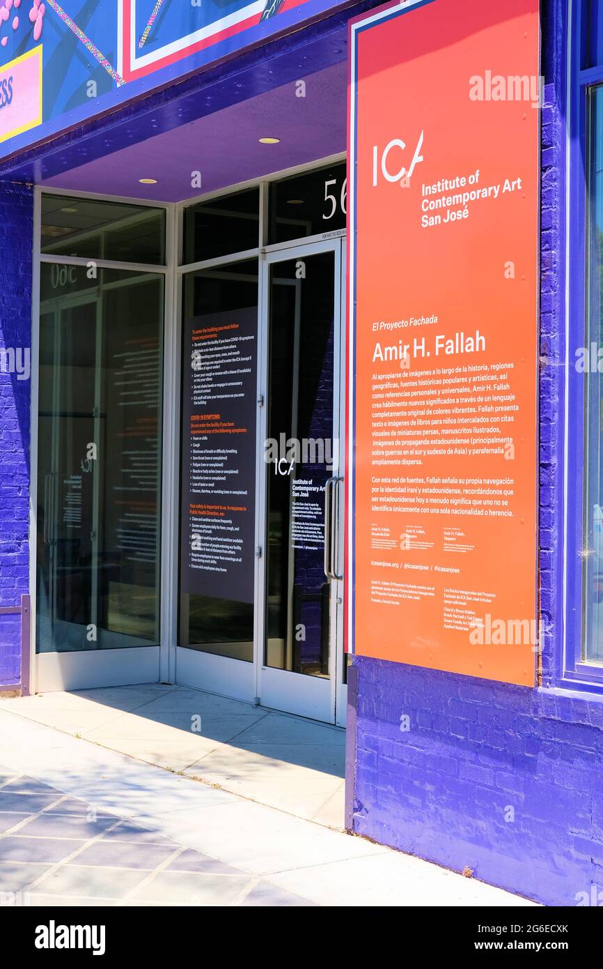 Exterior sign at the Institute of Contemporary Art in San Jose, California with biographical information about Iranian American artist Amir H. Fallah. Stock Photo