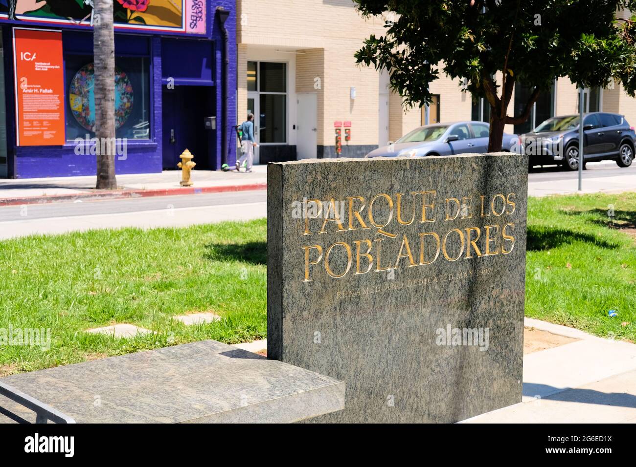Parque de los Pobladores park in downtown San Jose, California commemorating the city's founders that came to California on the 1776 Anza Expedition. Stock Photo