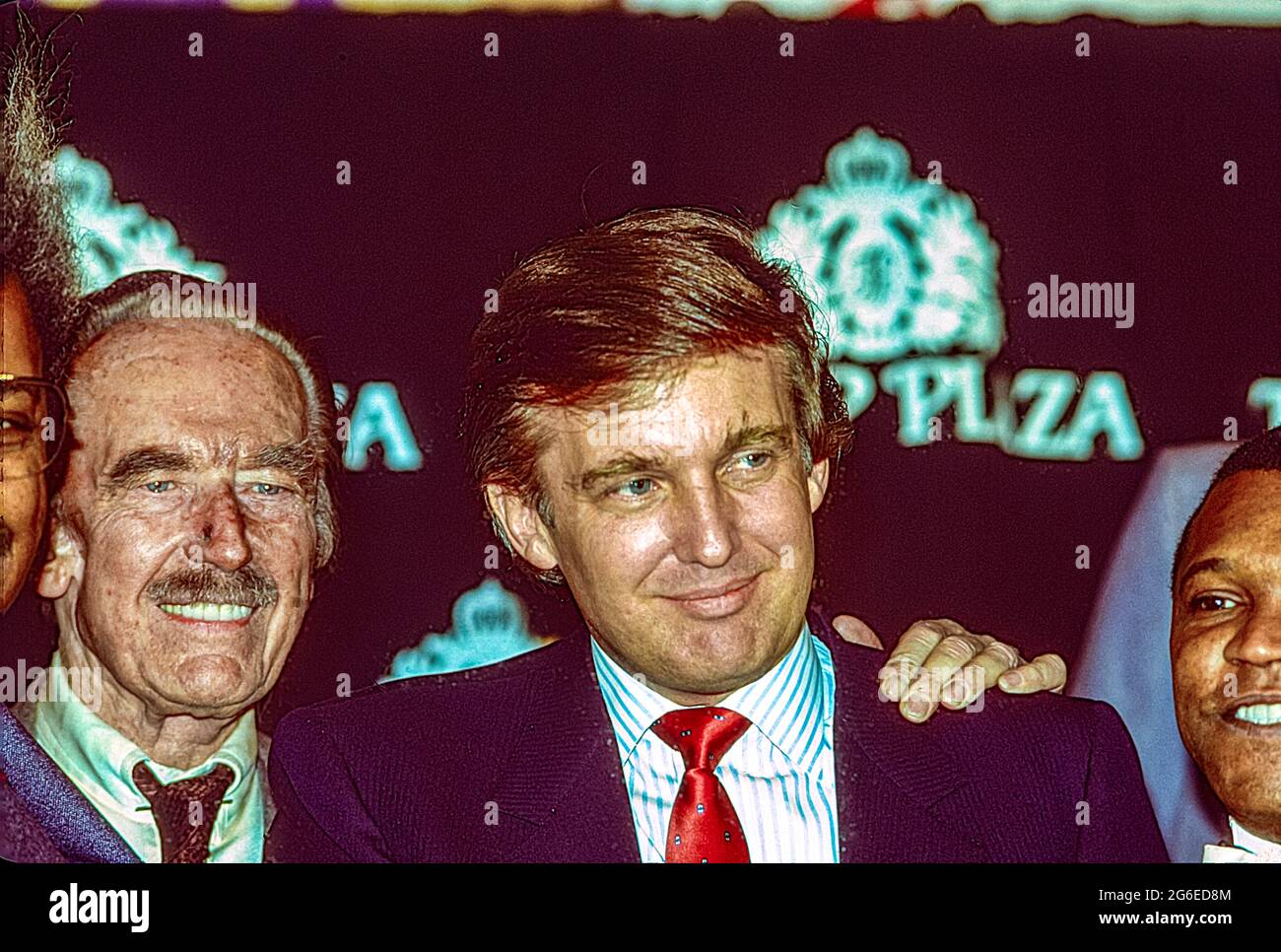 Donald Trump with his father Fred Trump (L) s at press conference to announce 1988 fight with Mike Tyson against Michael Spinks. Stock Photo