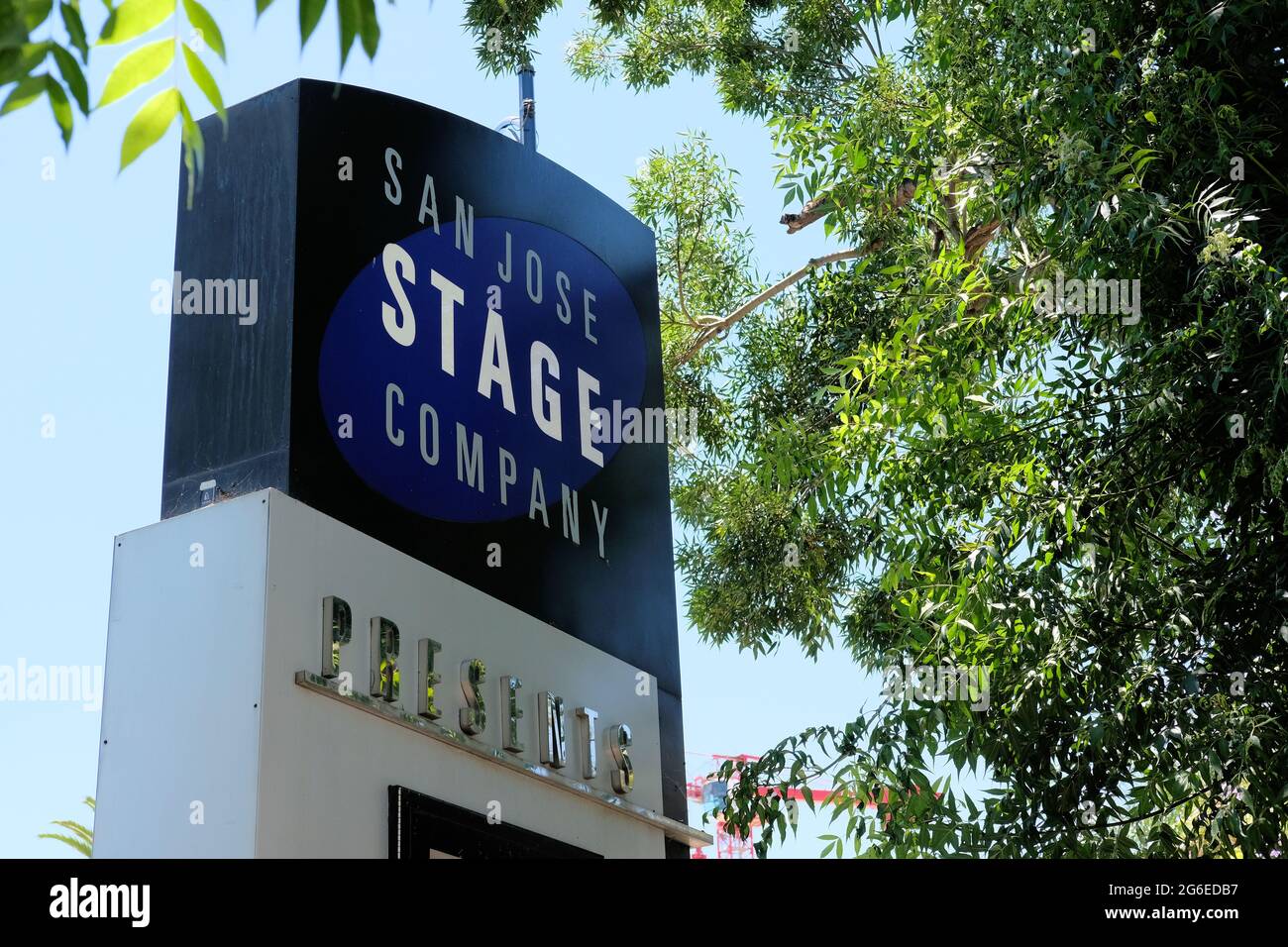 Sign outside the San Jose Stage Company, a Silicon Valley professional theatre company in San Jose, California. Stock Photo