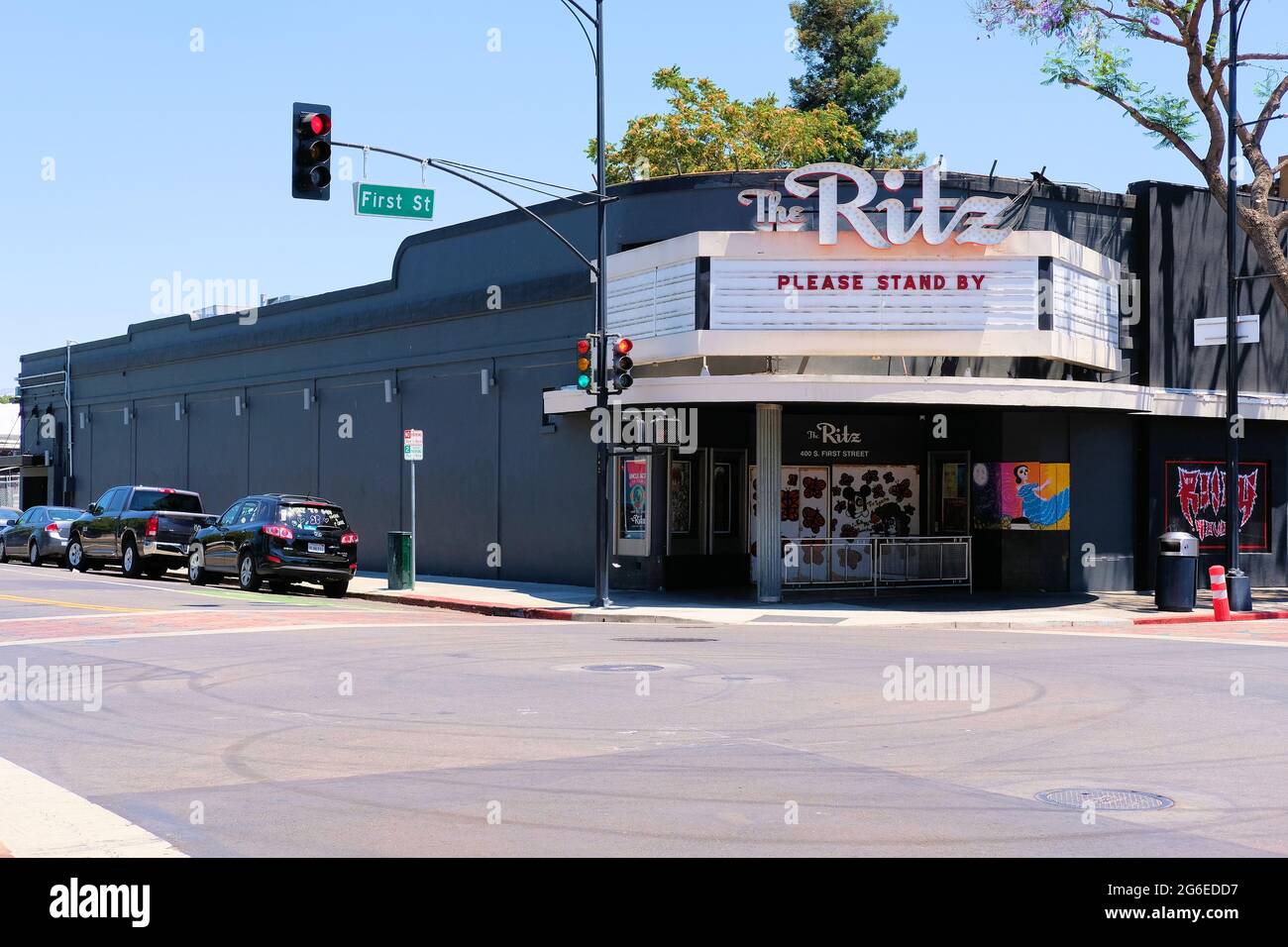 Exterior view and marquee of The Ritz, a San Jose, California live music venue temporarily closed due to the Covid-19 pandemic: Please Stand By. Stock Photo