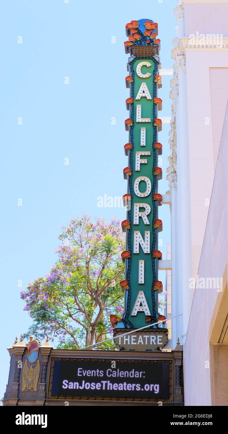Exterior sign at The California Theater in San Jose, California, home of the Opera San José; built in 1927, closed in 1973, and reopened in 2014. Stock Photo