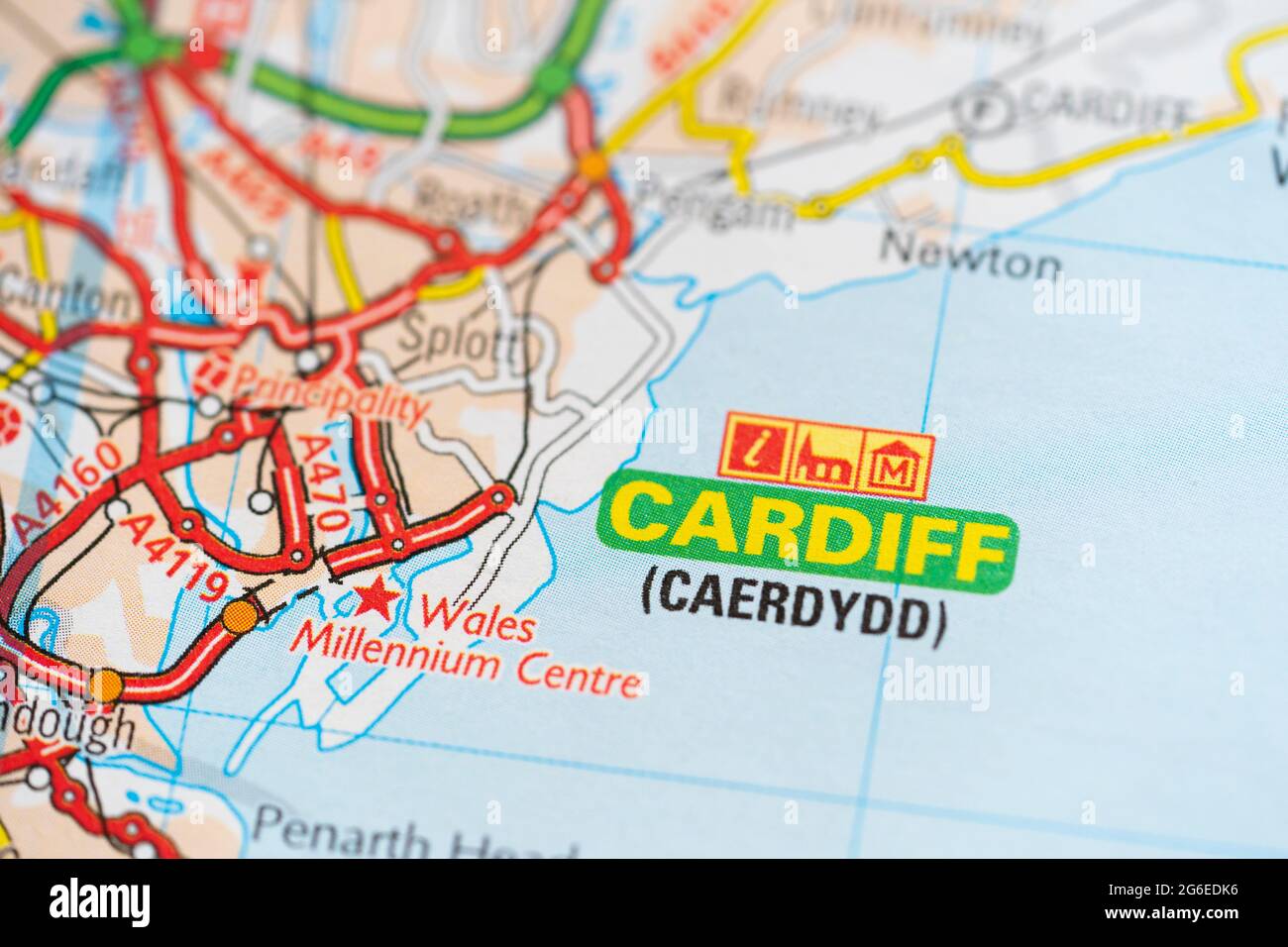 A macro closeup of a page in a printed road map atlas showing the capital city of Wales - Cardiff (Caerdydd) Stock Photo