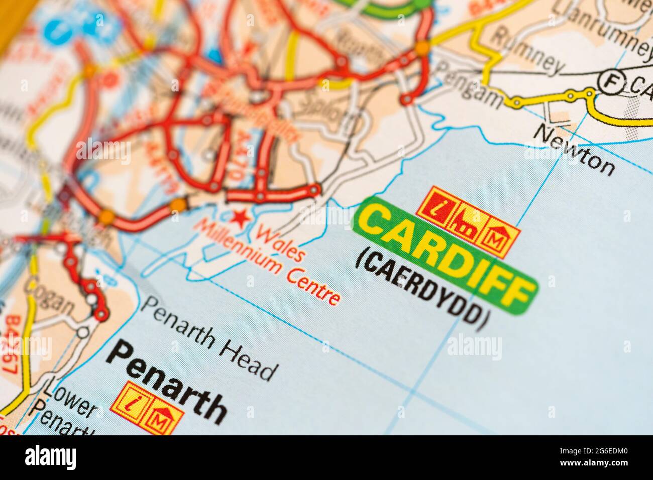 A macro closeup of a page in a printed road map atlas showing the capital city of Wales - Cardiff (Caerdydd) Stock Photo