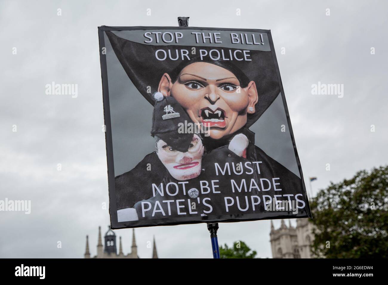 'Stop the Bill' A sign at a Kill the Bill Protests depicting Home Secretary Priti Patel. Stock Photo