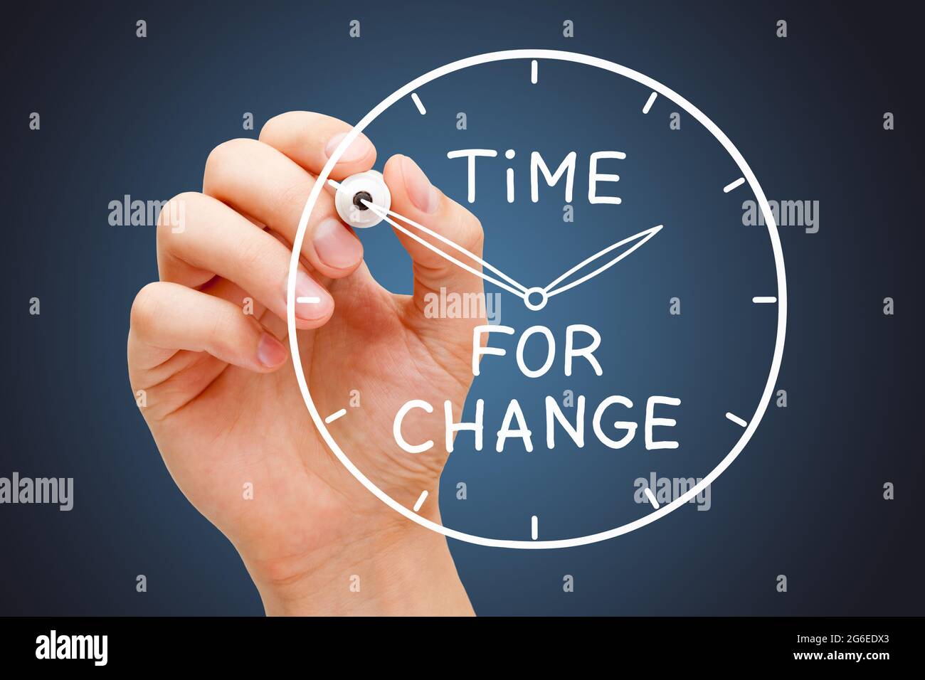 Hand writing Time for Change on a drawn clock with white marker on transparent wipe board. Concept about progress, adaptation and improvement. Stock Photo