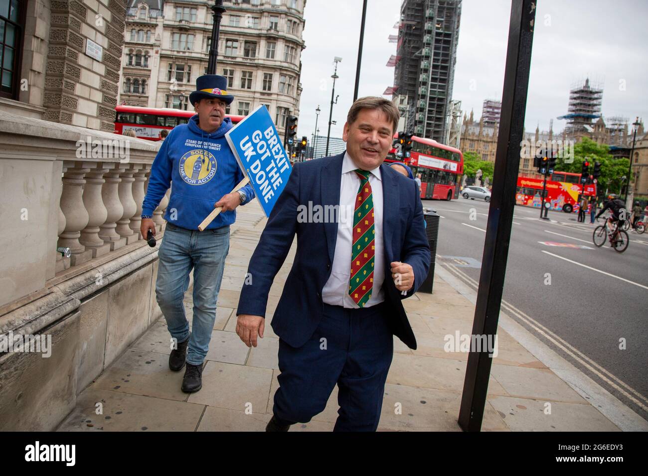 Steve Bray, Anti Brexit Protester following Andrew Bridgen, MP for North West Leicester in Whitehall, London, UK, 5,7,2021 Stock Photo