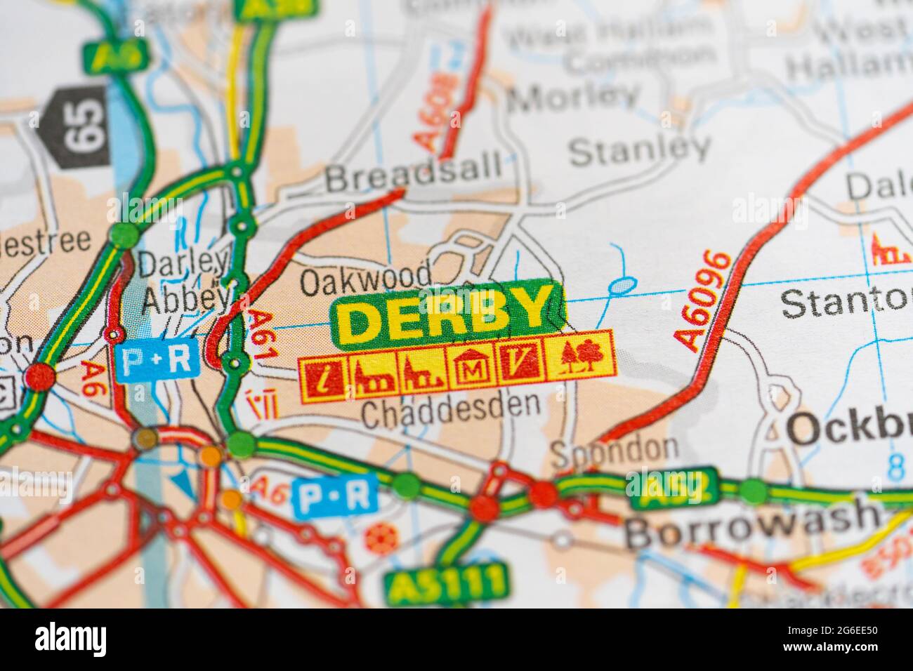 Derby Map Hi Res Stock Photography And Images Alamy   A Macro Closeup Of A Page In A Printed Road Map Atlas Showing The City Of Derby In England 2G6EE50 