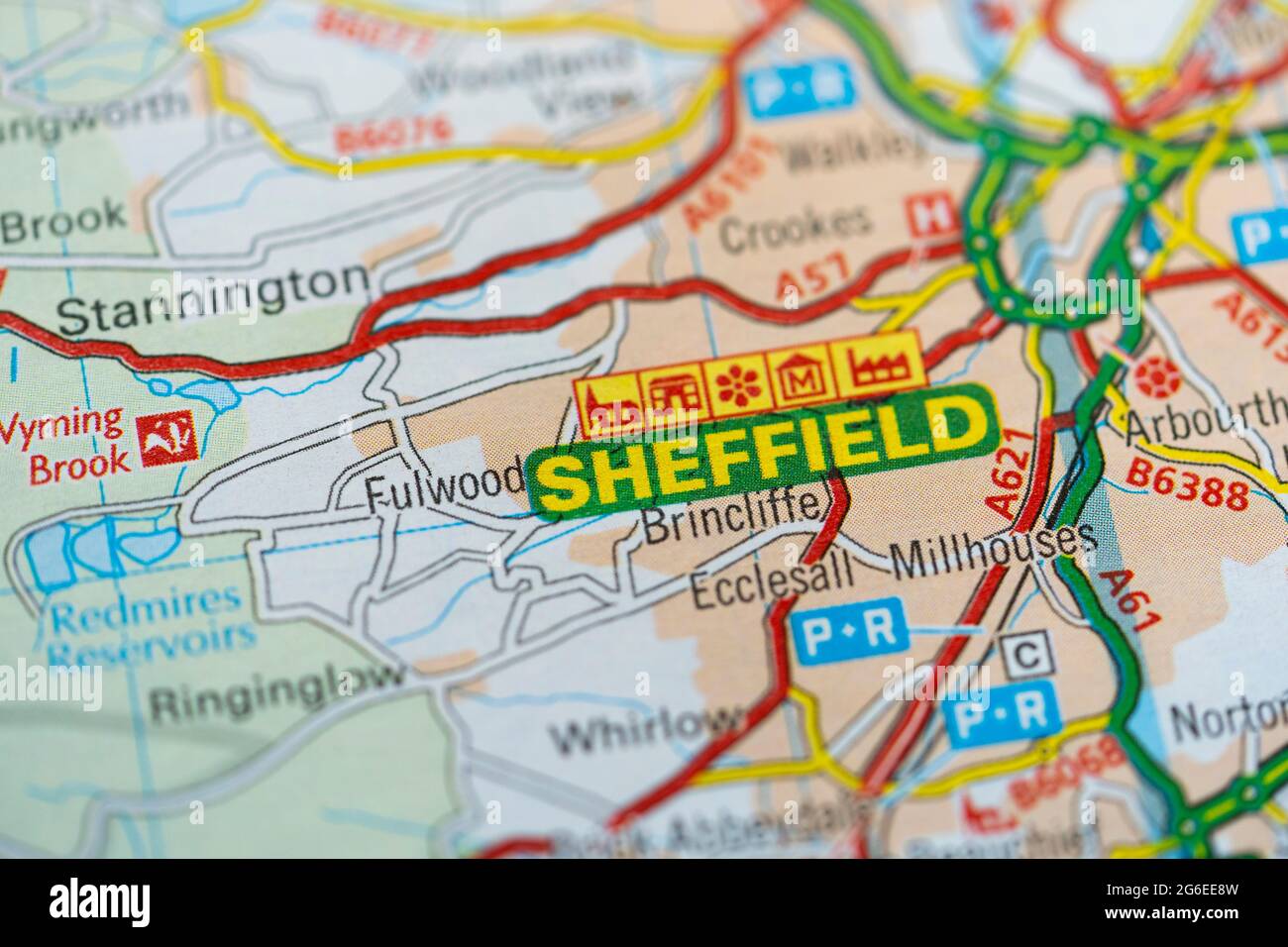 A macro closeup of a page in a printed road map atlas showing the city of Sheffield, England Stock Photo