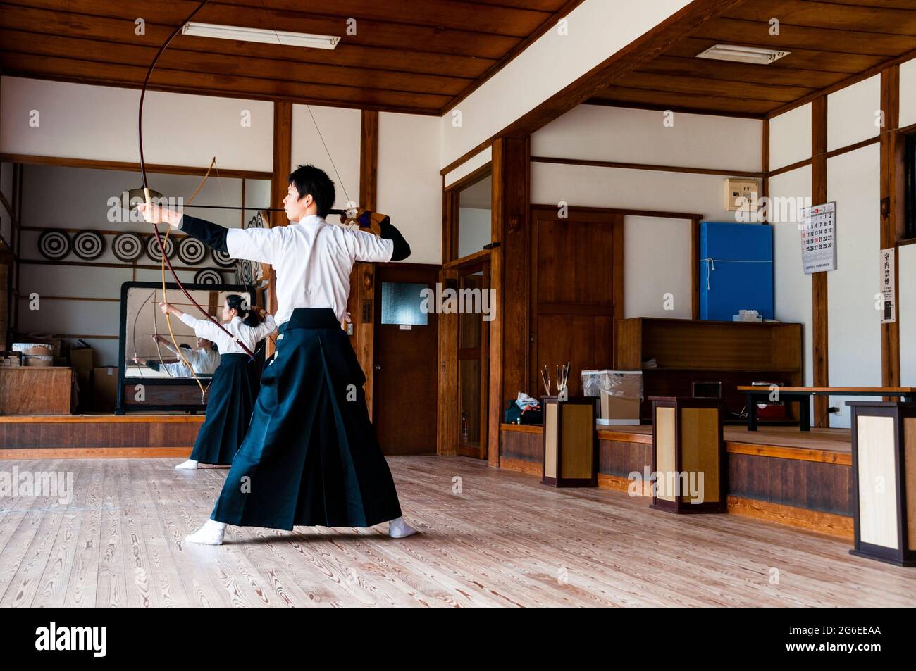 Japanese longbow archery closely associated with Zen Buddhism in Tokyo, Japan. Stock Photo