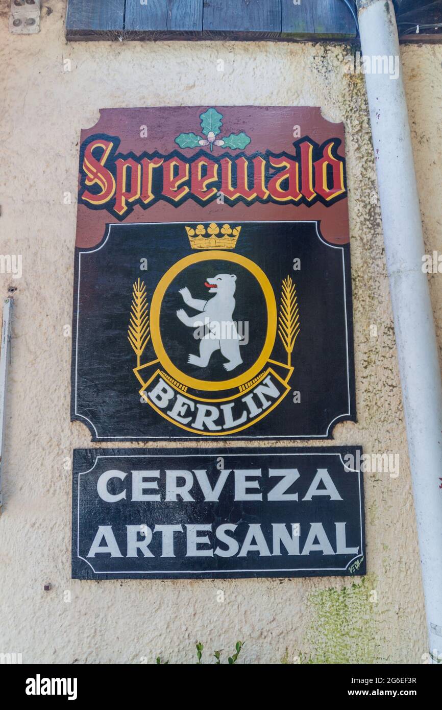 VILLA GENERAL BELGRANO, ARGENTINA - APR 3, 2015: Spreewald beer poster Villa General Belgrano, Argentina. Village now serves as a Germany styled touri Stock Photo