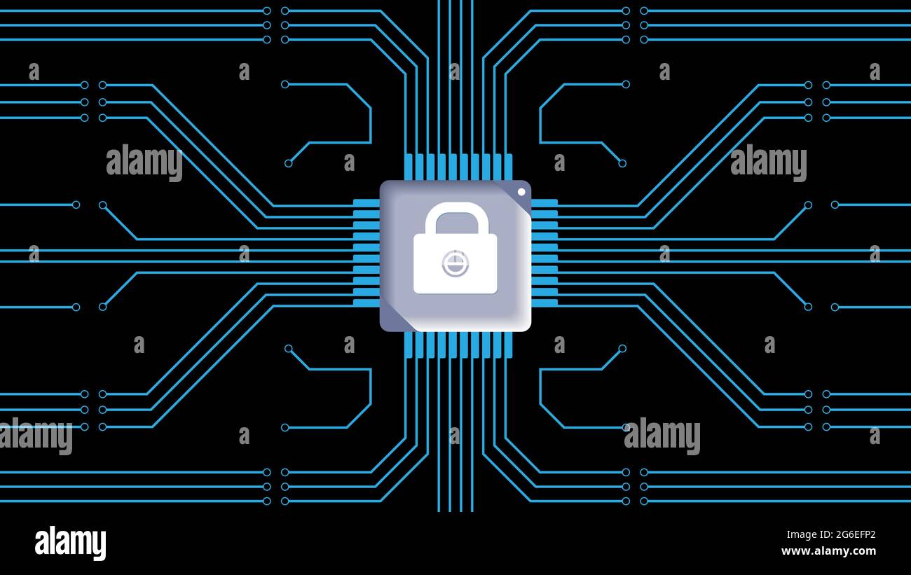 A lock chip on a computer circuit board, graphic symbol of a computer security system, data protection concept, vector illustration Stock Vector