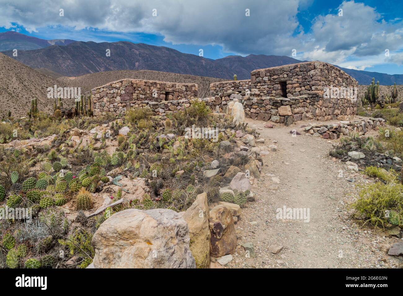 Ruins of pre-Columbian fortification Pucara near Tilcara village in Quebrada de Humahuaca valley, Argentina Stock Photo