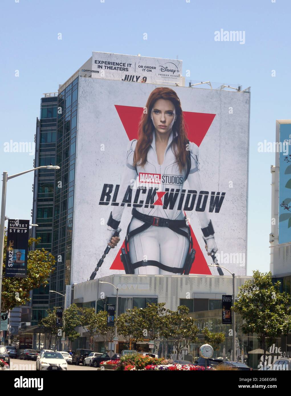 Los Angeles, California, USA 2nd July 2021 A general view of atmosphere of Disney Marvel Studios 'Black Widow' Scarlett Johansson Billboard during Coronavirus Covid-19 pandemic on July 2, 2021 in Los Angeles, California, USA. Photo by Barry King/Alamy Stock Photo Stock Photo