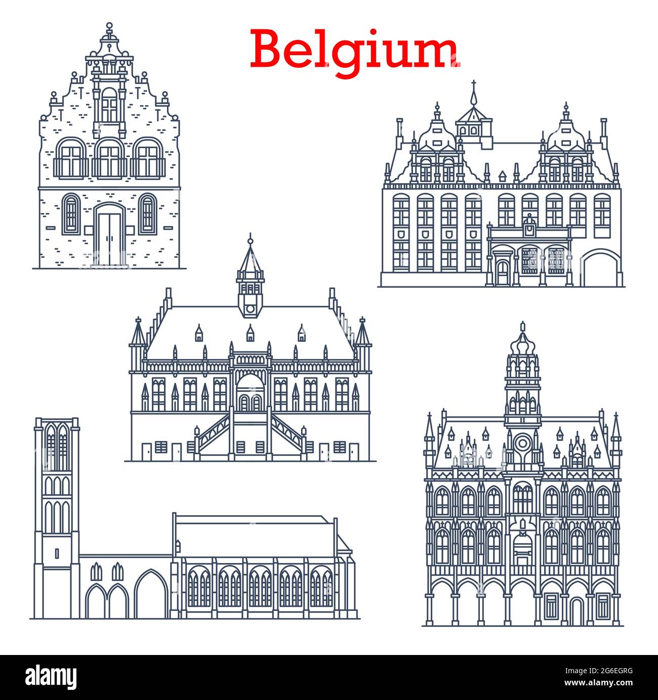 Belgium landmarks architecture, city sightseeing buildings, churches icon. Belgium travel landmark Notre Dame in Damme, Butcher Hall or Meat House Vle Stock Vector