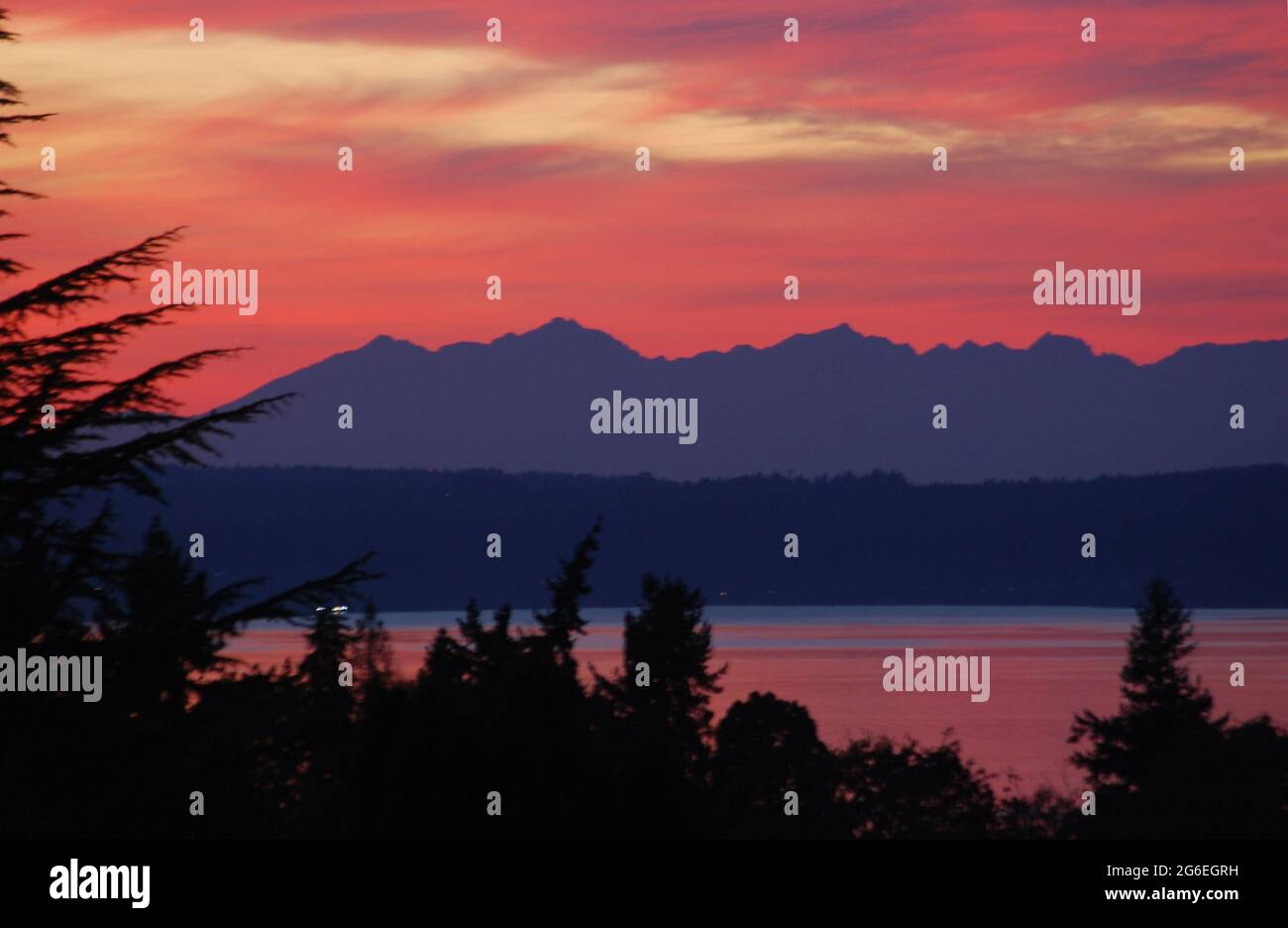 Sunset over the Olympic Mountains Stock Photo