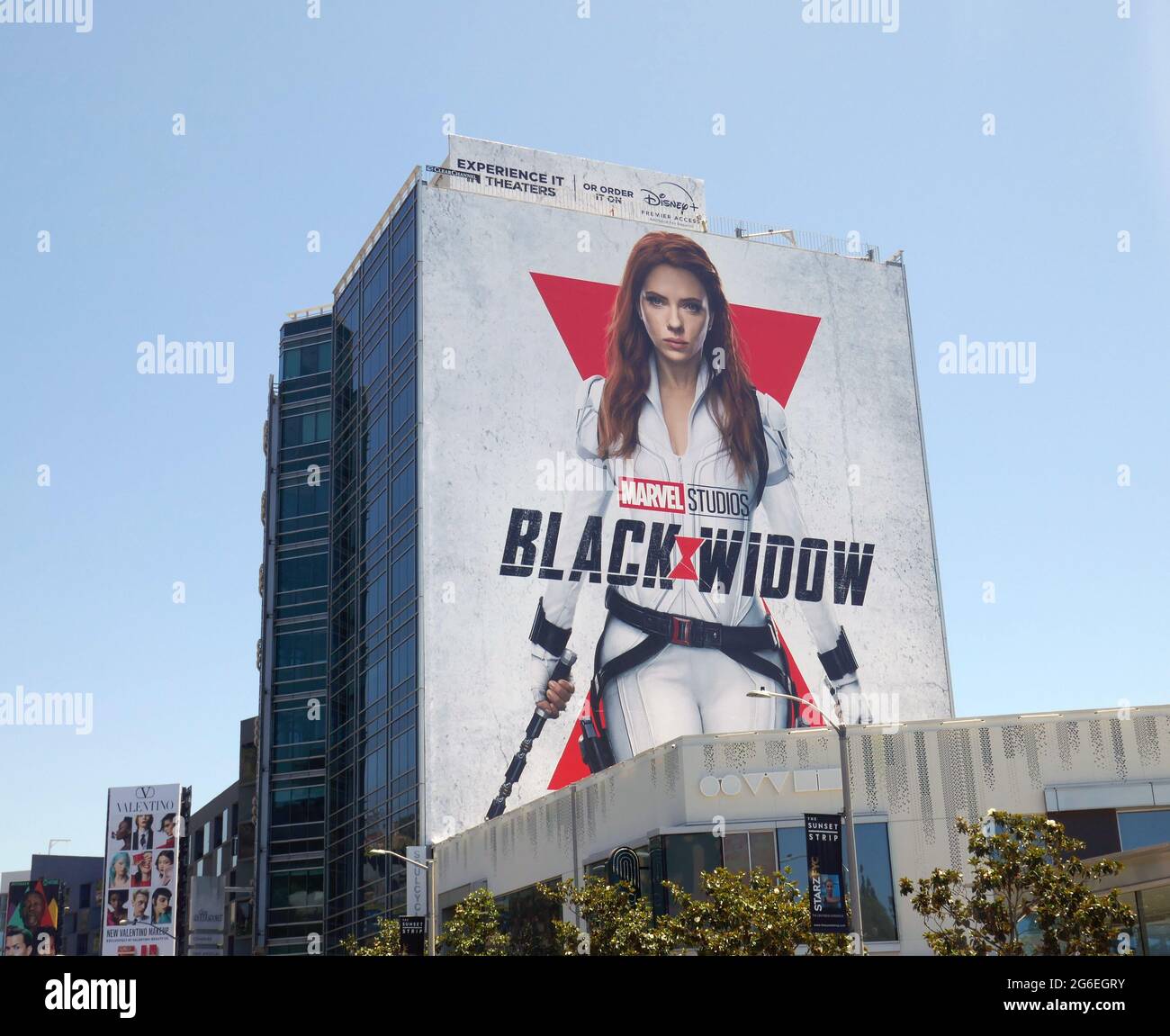 Los Angeles, California, USA 2nd July 2021 A general view of atmosphere of Disney Marvel Studios 'Black Widow' Scarlett Johansson Billboard during Coronavirus Covid-19 pandemic on July 2, 2021 in Los Angeles, California, USA. Photo by Barry King/Alamy Stock Photo Stock Photo
