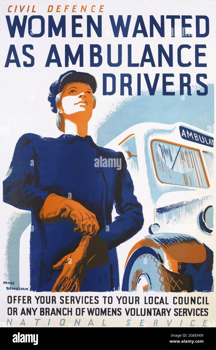 A vintage recruitment poster for women ambulance drivers  for the American Civil Defence Stock Photo
