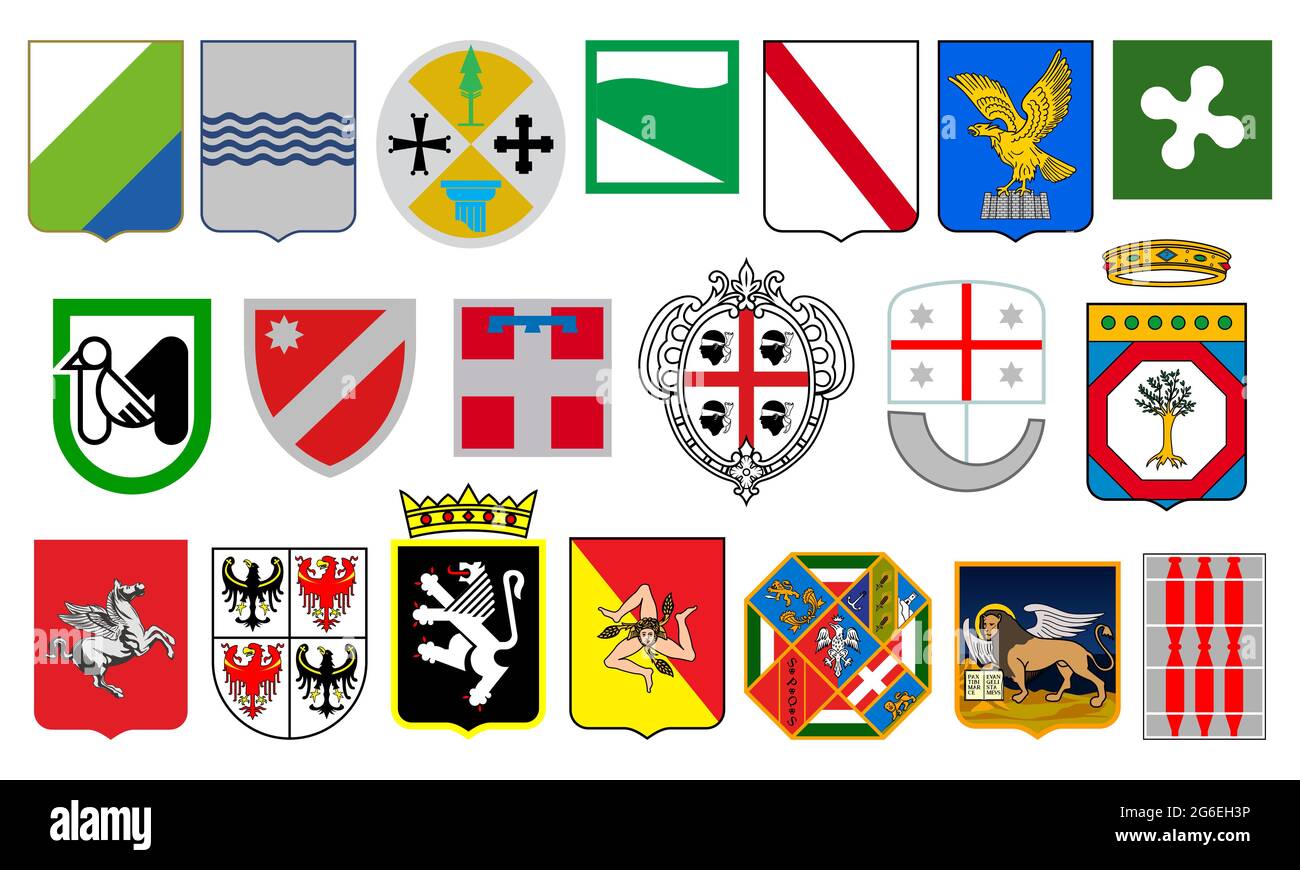 Italian regions heraldry, Italy provinces coat of arms. Abruzzo, Basilicata and Calabria vector blazon, Emilia-Romagna, Friuli-Venezia Giulia, Lazio a Stock Vector