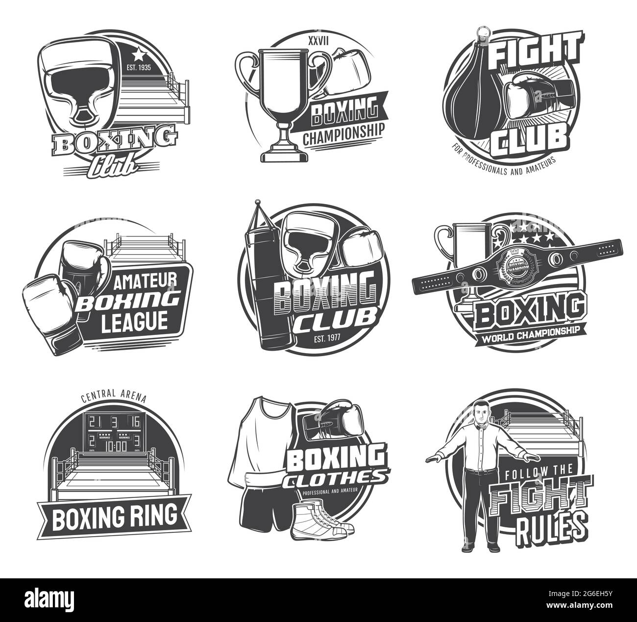 Boxing sport icons of vector box punching bags, boxer gloves and helmets. Boxing championship ring, belt, winner trophy cup and score board, referee a Stock Vector