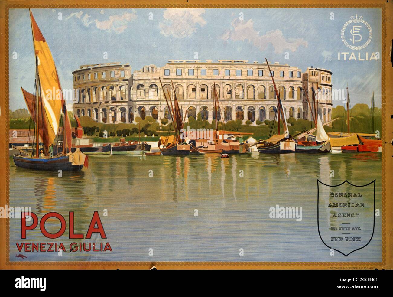 A Vintage Travel Poster For Pola In The Italian District Of Venezia Giulia Now Pula In Croatia It Shows The Colosseum Now Pula Arena Stock Photo Alamy