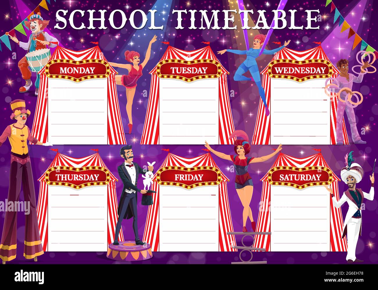 Shapito circus education timetable vector schedule. School timetable, study plan or weekly planner of student lessons in background frame of top tents Stock Vector