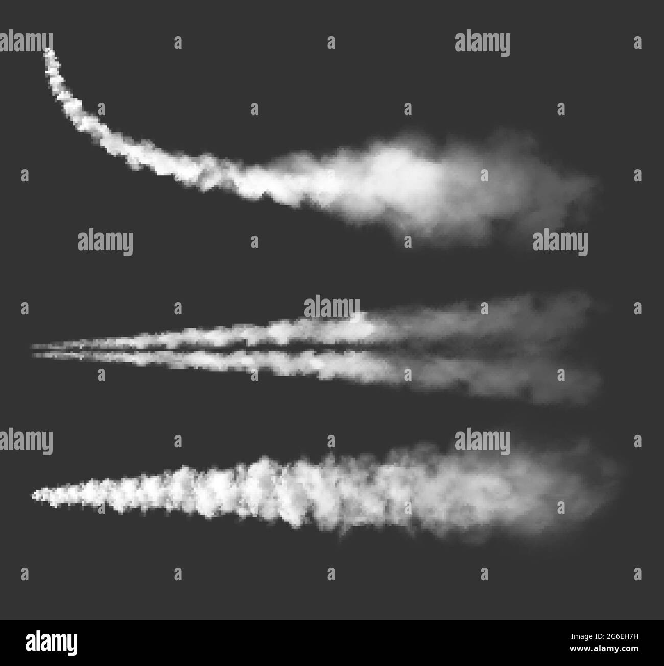 Airplane chemtrails, vector plane smoke trails, jet clouds. Rocket curve and straight contrail white lines. Vapor effect in sky, spray tracks, air pol Stock Vector