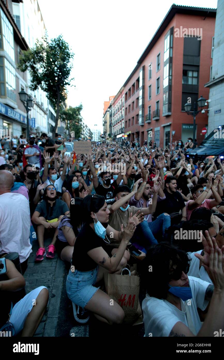 Madrid, Spain; 05.07.2021.- Demonstration in Madrid for the murder of Samuel, a young homosexual who was beaten to death. The fatal beating of a man in A Coruña (northern Spain) triggers protests by the LGTBI collective in several Spanish cities. LGTBI groups from all over Spain have called mobilizations in several cities to demand justice for the nurse, the fatal victim of an attack with homophobic overtones whose specific motive is still under investigation. Police are still scrutinizing the security cameras that recorded the deadly assault on the 24-year-old, the main evidence against the p Stock Photo