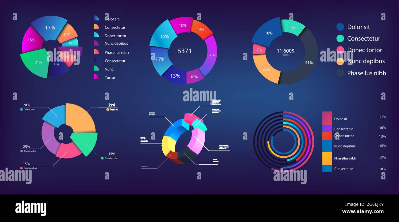 Neon gradient pie chart, infographic collection for reports and presentations, UI, WEB. Mockups circle infochart and Pie charts. 3D, and flat Stock Vector