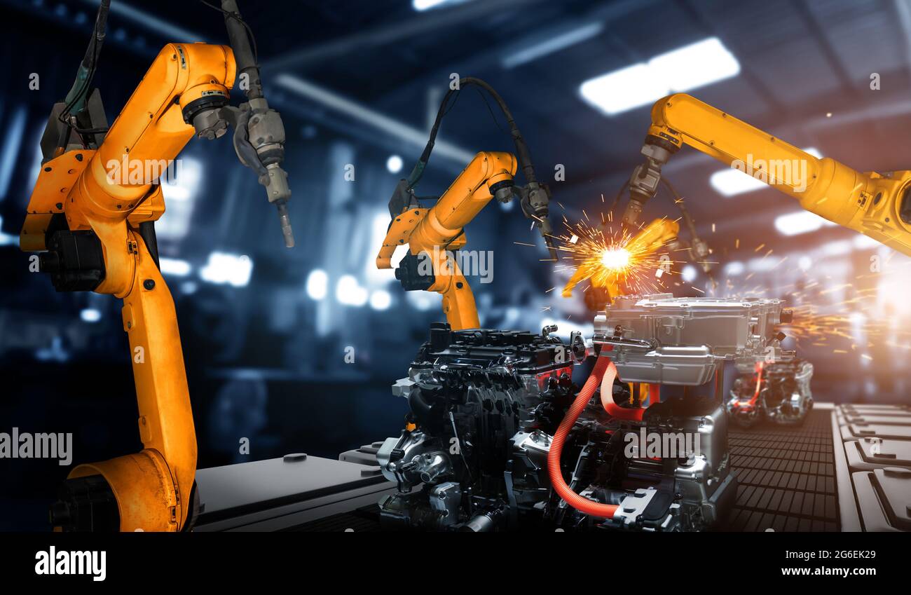 Mechanized industry robot arm for assembly in factory production line .  Concept of artificial intelligence for industrial revolution and automation  Stock Photo - Alamy