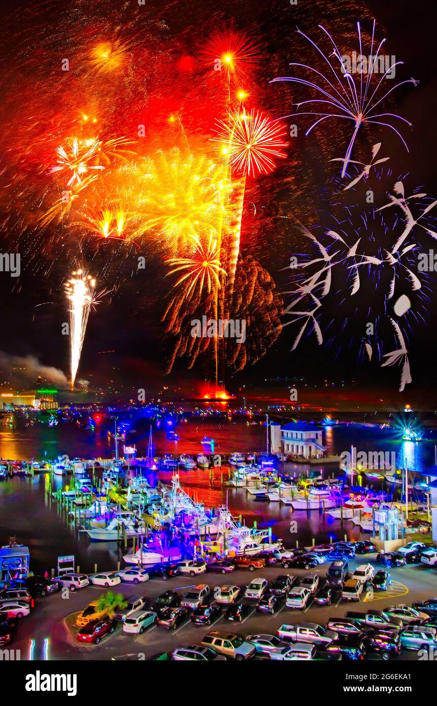 Fireworks explode over Biloxi Bay on the Fourth of July, July 4, 2021