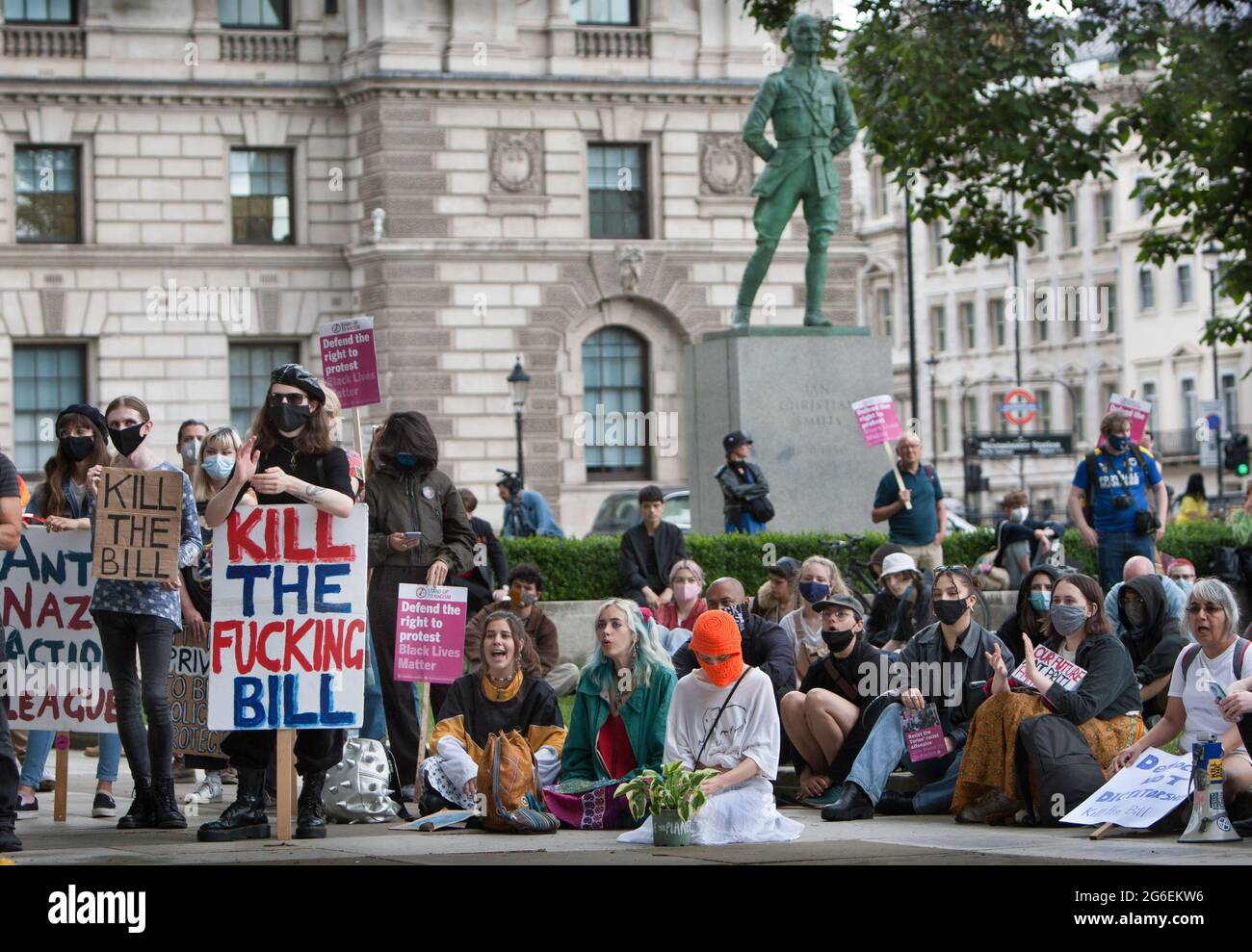 London, UK. 05th July, 2021. Protesters hold placards during the Kill the Bill protest. Demonstrators gathered in Parliament Square in protest against the Police, Crime, Sentencing and Courts Bill, which many say would give police more powers over protests in the UK. (Photo by Martin Pope/SOPA Images/Sipa USA) Credit: Sipa USA/Alamy Live News Stock Photo