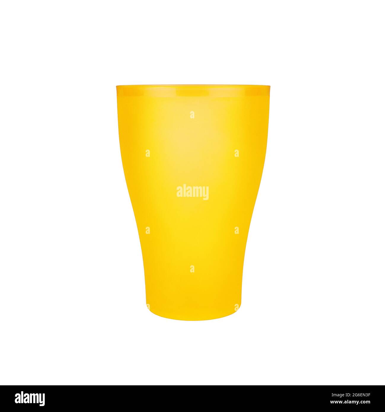 Yellow empty plastic cup white background isolated closeup, disposable