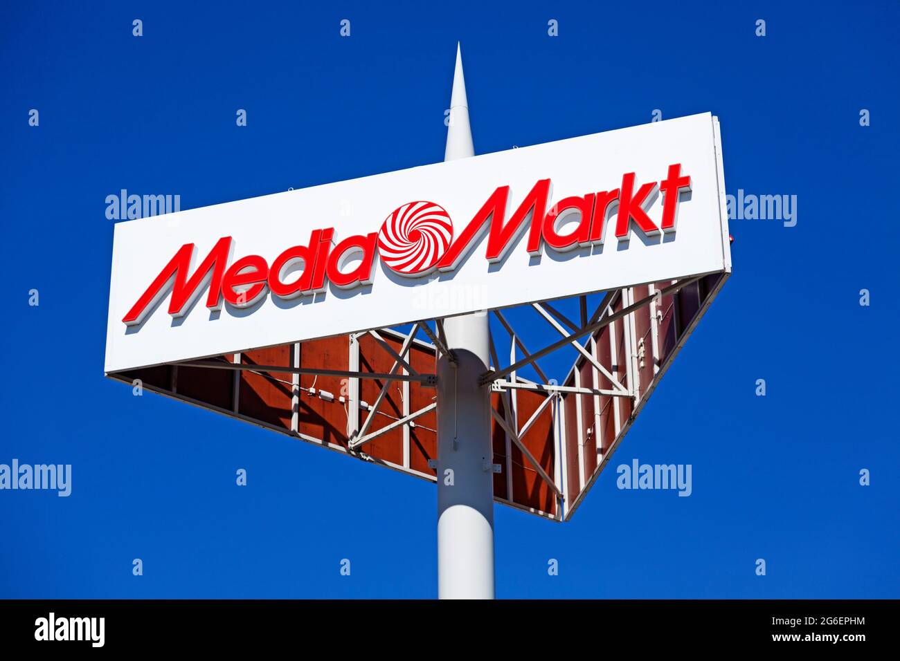 Umea, Norrland Sweden - June 7, 2021: sign for famous electronics store Stock Photo