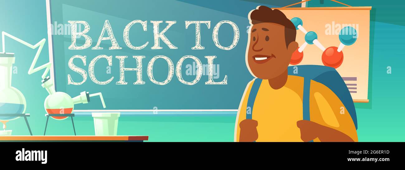 Back to school poster with black student in chemistry classroom. Vector banner with cartoon illustration of african american teenager with backpack in class with flasks on desk and text on chalkboard Stock Vector