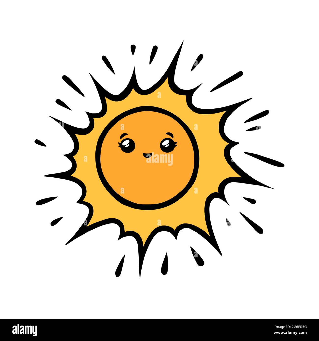 Funny sun character. Kawaii sun smiling face in doodle style. Black and white vector illustration isolated in white background Stock Vector
