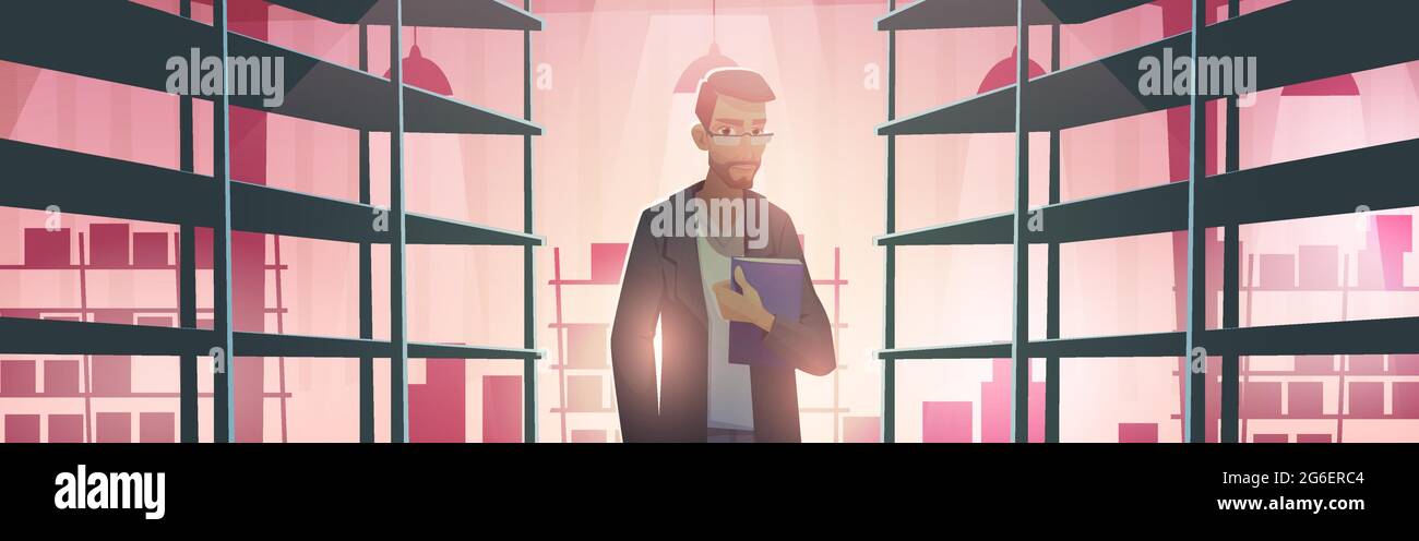 Businessman in warehouse with empty metal racks. Vector cartoon illustration of storage room interior with worker and shelves for stock, cargo, goods. Storehouse with man with folder Stock Vector