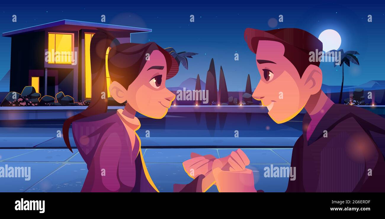 Summer love, couple romantic relations. Loving man and woman holding hands at night. Young people dating, male and female characters outdoor date, connection, romance, Cartoon vector illustration Stock Vector