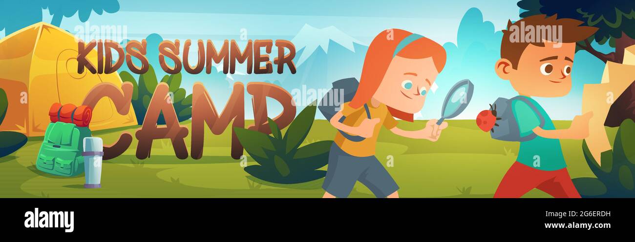 Kids summer camp poster with tent, backpack and thermos. Vector banner with cartoon landscape with mountain, forest, campsite and scouts children with map and magnifier Stock Vector