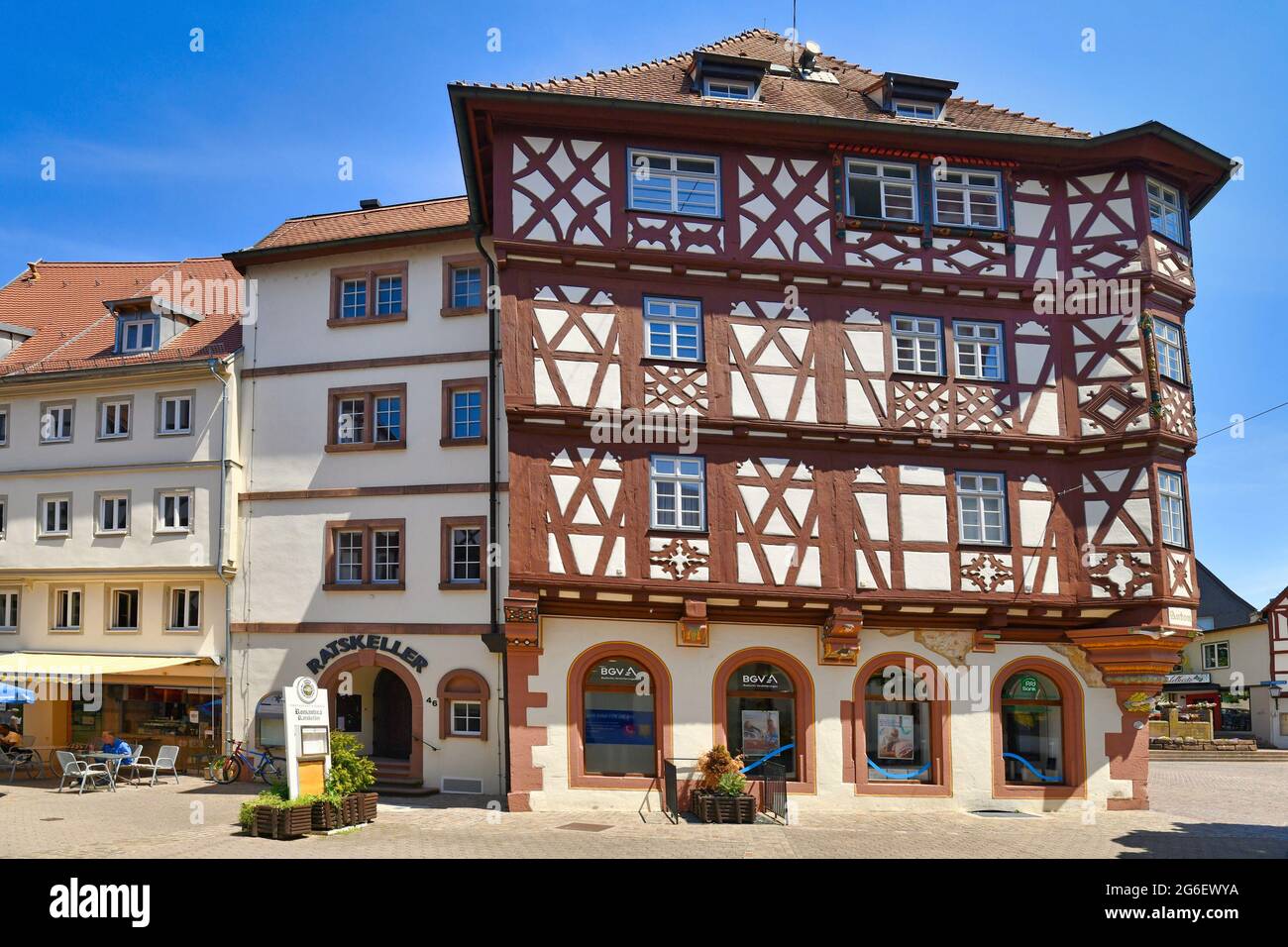 Mosbach, Germany - June 2021: Historic town center with timber-framed houses called 'Palmsche Haus' Stock Photo
