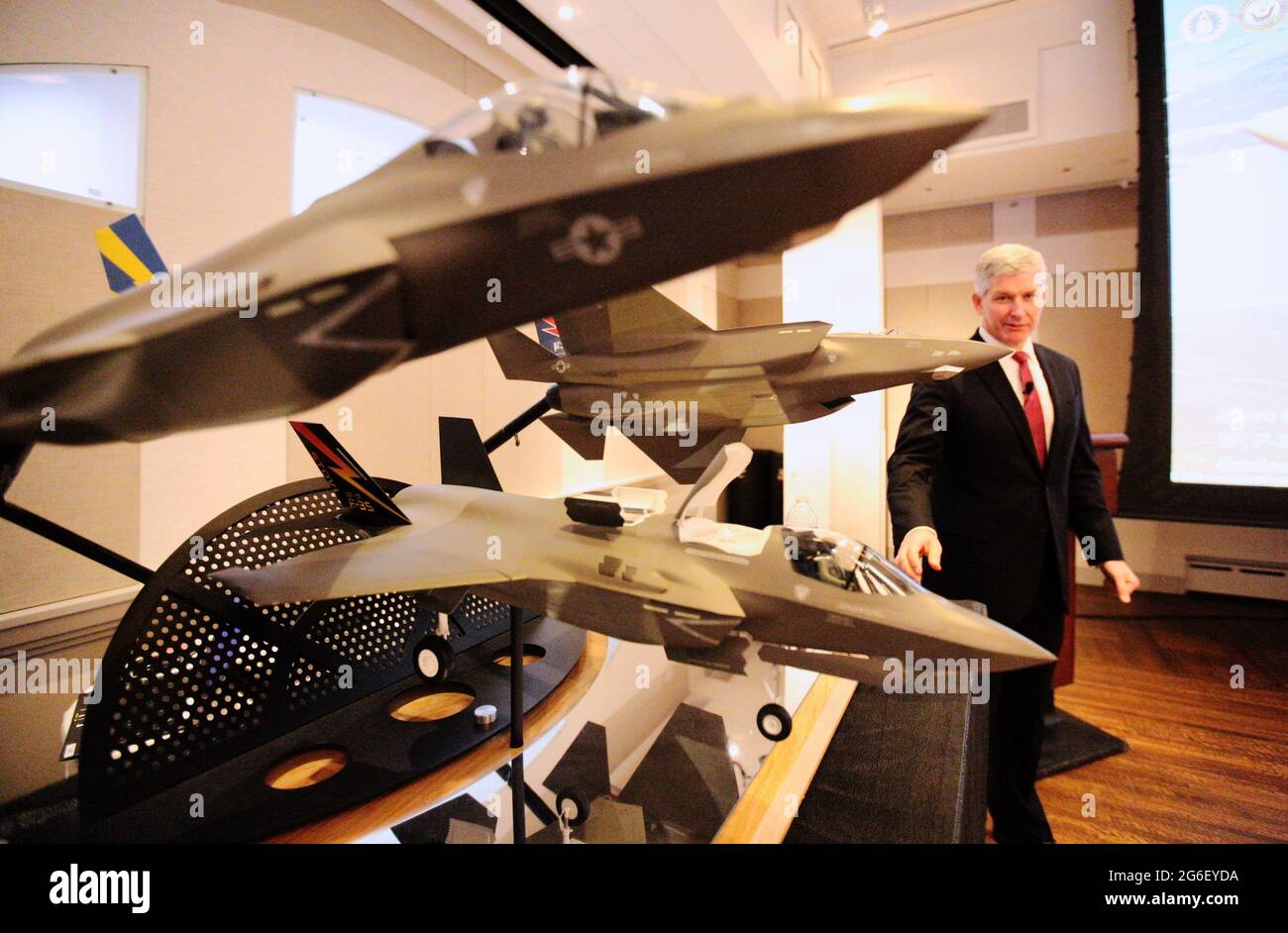 Steve O'Bryan, vice president International Strategy and Business Development at the Lockheed Martin, briefs media on the progress of the Lockheed Martin F35 Lightning program. In 2015, the program was delayed and over budget, with lots of technical issues. Stock Photo