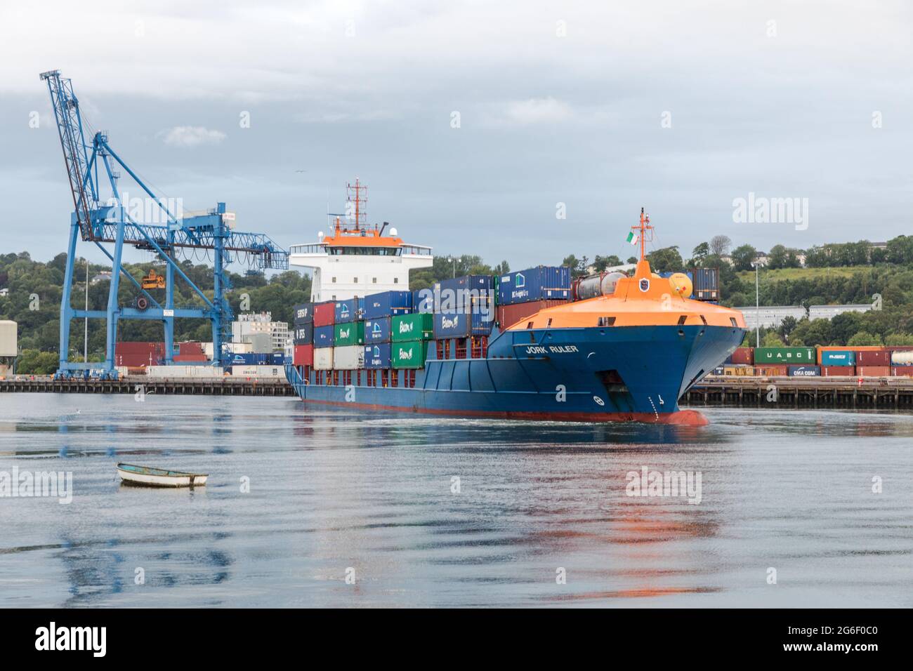 Tivoli, Cork, Ireland. 06th July, 2021. Container ship Jork Ruler performs a 360 degree turning manoeuvre on the River Lee after arriving from Rotterdam at Tivoli docks in Cork City, Ireland. - Picture; David Creedon / Alamy Live News Stock Photo