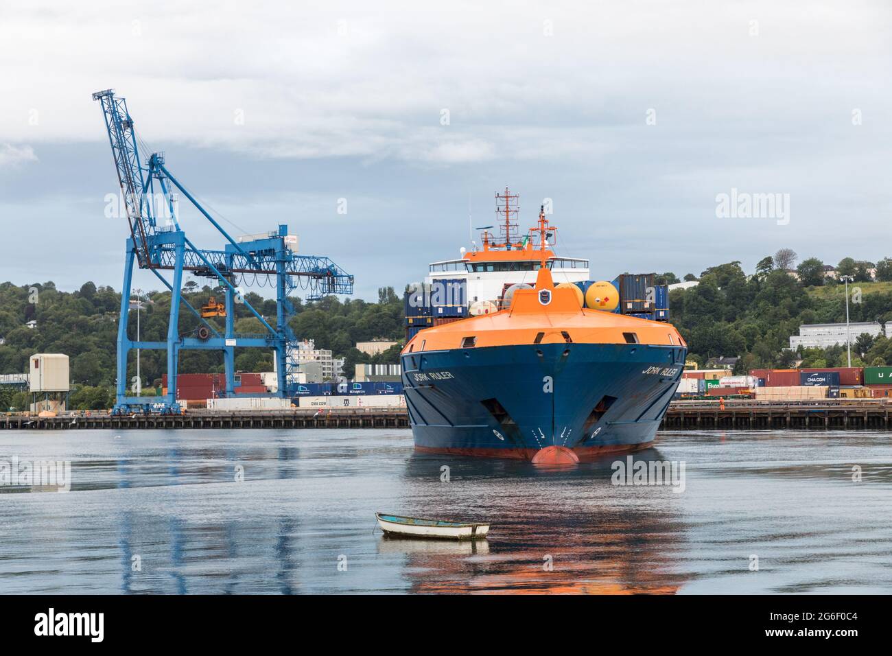 Tivoli, Cork, Ireland. 06th July, 2021. Container ship Jork Ruler performs a 360 degree turning manoeuvre on the River Lee after arriving from Rotterdam at Tivoli docks in Cork City, Ireland. - Picture; David Creedon / Alamy Live News Stock Photo