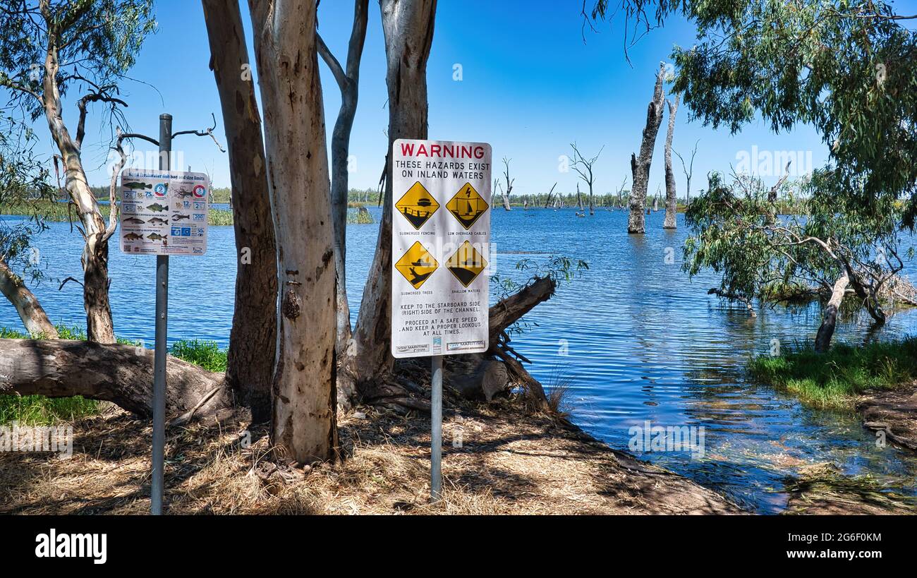 Mulwala, New South Wales Australia - February 2, 2021: Basic boat ramp and signs on Lake Mulwala Stock Photo